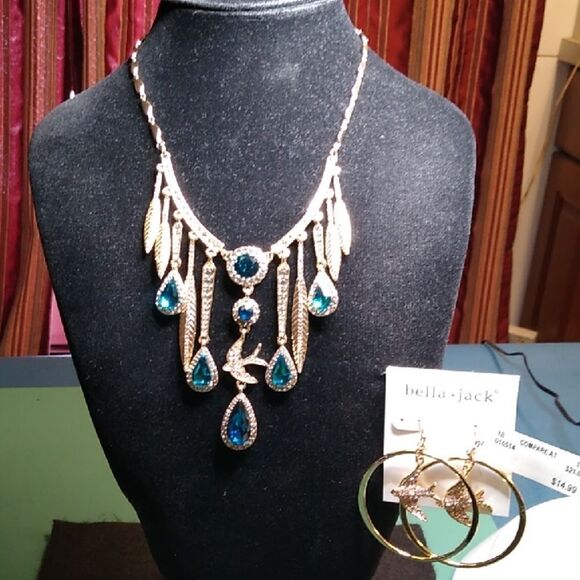 NWT Bella Jack Statement Gold and Blue Cascading Necklace Hoop Earrings - Picture 1 of 13